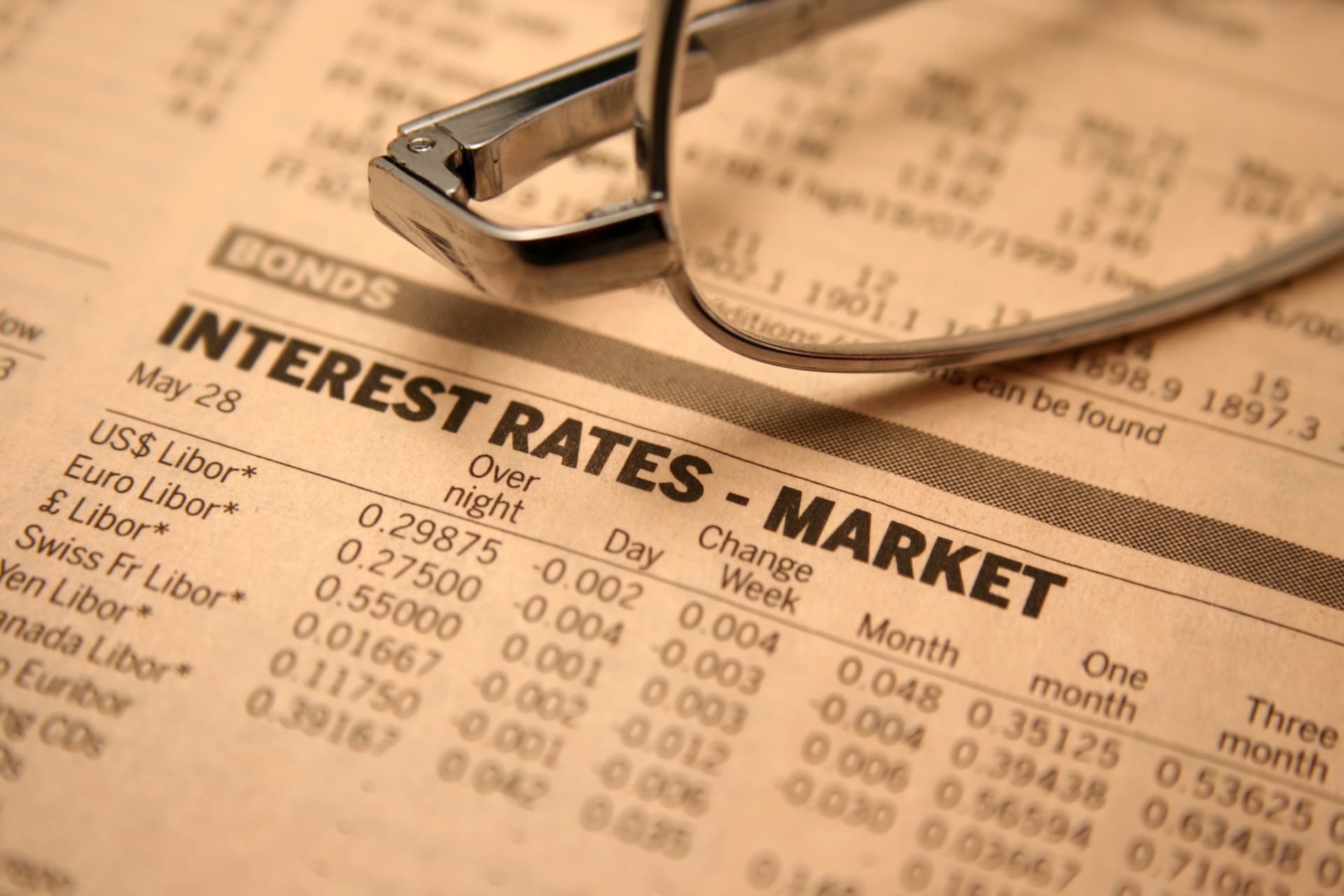Financial newspaper showing bonds and interest rates data